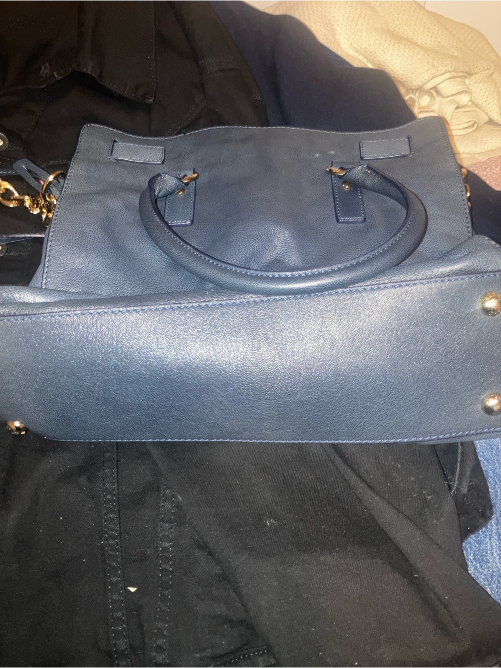 Michael Kors Hamilton Navy Blue Leather Shoulder Tote with Gold MK Lock - Picture 4 of 5